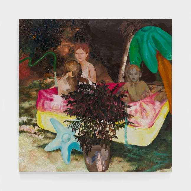 A painting by Veronica Fernandez of three children playing in an inflatable pool in a garden.