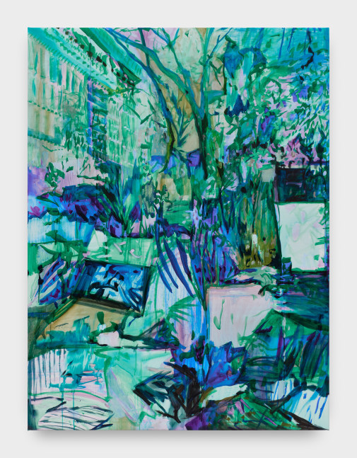 A painting by Elizabeth Schwaiger in blue, green, purple and teal hues of sprawling plants and papers in a room.