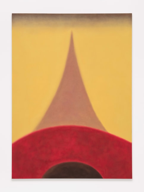 A painting with a rounded red shape at the bottom and a dusty pink triangular shape emerging against a yellow background.