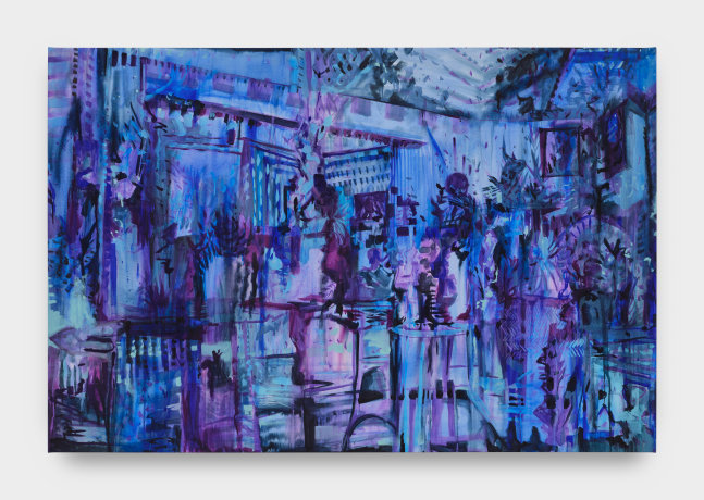 A painting by Elizabeth Schwaiger in blue and purples hues of a room with sprawling flowers and paintings on the walls.
