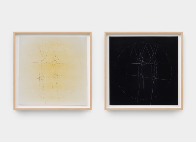 A diptych by Laura Howard Parker of two inverted framed pieces of paper with rounded symbols etched into the page.