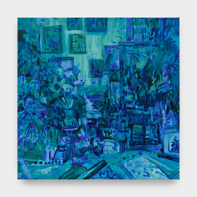 A painting by Elizabeth Schwaiger in blue and teal hues of a room with sprawling flowers and paintings on the walls.