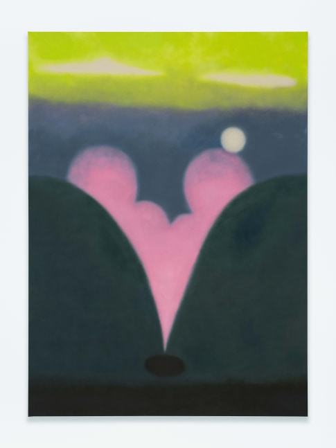 A painting of rounded green and purple shapes with clouds and a moon.