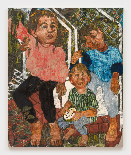 A painting of three children sitting on a brick wall against a fence.