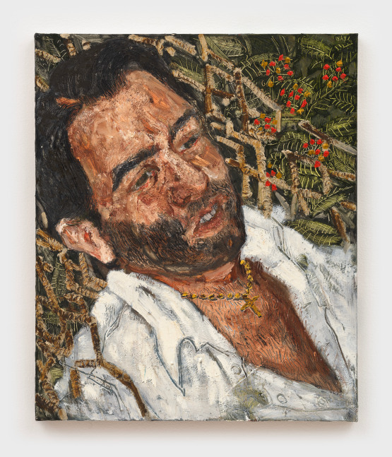 A painting of a bearded man wearing an open white button up shirt and a golden cross chain.