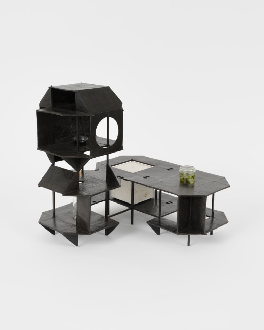 A sculpture by Alice Könitz of a small black three tiered platform with murky water in a glass jar.