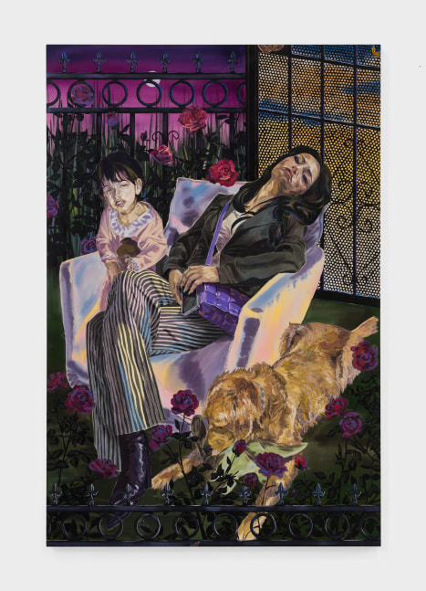 A painting by Tidawhitney Lek depicting a woman in business attire asleep in a chair with a young girl on her lap and a dog playing by her feet in a garden surrounded by fencing.