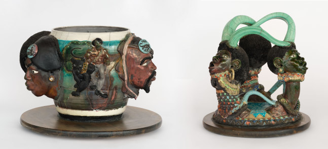 Akinsanya Kambon Birth of The Vanguard , 2016 Raku fired ceramic 2 parts: 18 x 14 x 14 inches (wood base: 1/2 x 17 x 17 inches), 15 x 20 x 20 inches (wood base: 1 x 22 x 22 inches)