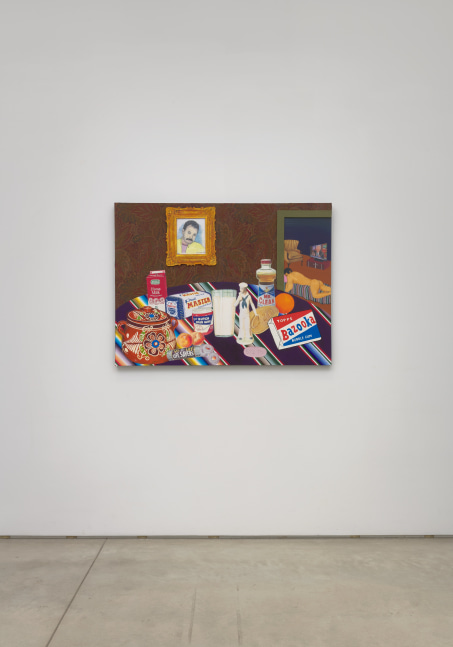 Image of the painting &quot;Still-Life with Cialis, Triumeq and a Drawing of my Friend Teddy Sandoval,&quot; 2023 by Joey Terrill