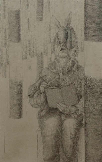 A drawing of the artist in the studio with three hares