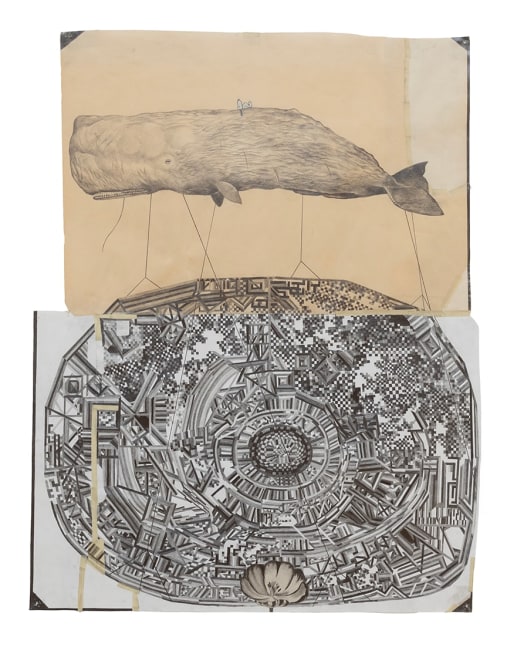 A drawing by the artist featuring snoopy on top of a whale