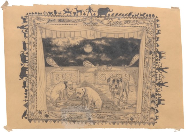 A drawing featuring three dogs