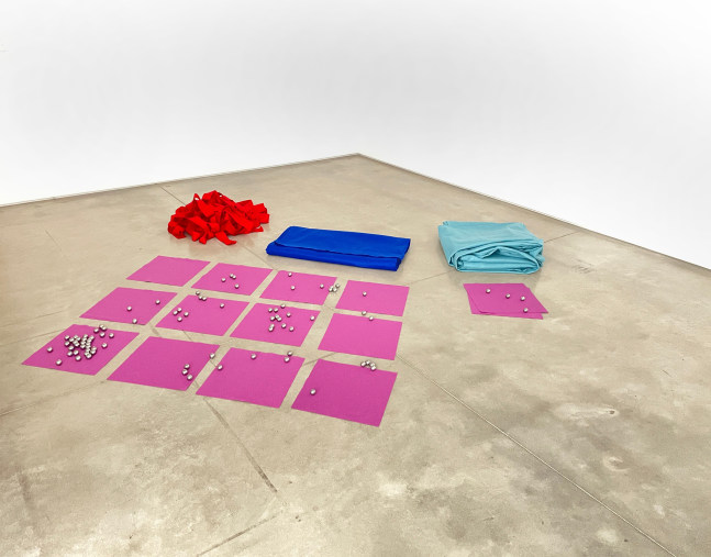 Installation view of A- (Red, Green, Blue, Purple, Felt, Steel, Bought, Cut, Folded, Placed, Rolled), 1966