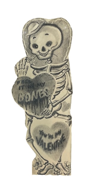 A drawing of a skeleton holding a heart by the artist