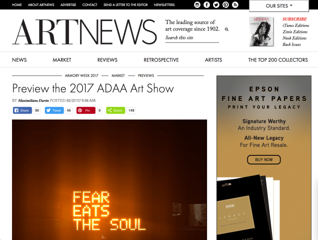 Mention in Artnews: ARMORY WEEK 2017 MARKET PREVIEWS, February, 2017