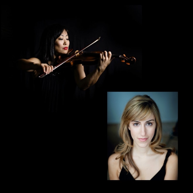 Top image shows a woman with dark hair and red lipstick playing a violin. Bottom image shows a woman with blonde hair and brown eyes wearing a black tank top in front of an ocean blue background.