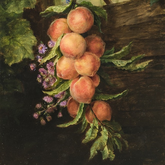 LILLY MARTIN SPENCER (1822–1902), "Still Life with Peaches," 1891. Oil on canvas, 28 1 / 4 x 18 in. (detail).