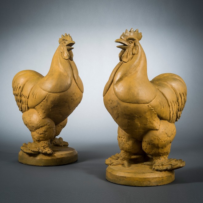 WHEELER WILLIAMS (1897–1972), "Pair Gatepost Roosters," 1932. Terra cotta, 34 in. high.