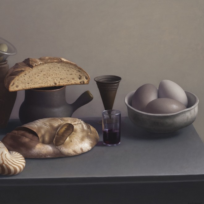 A still-life painting by Amy Weiskopf of loaves of bread, glass of red wine, and bowl with three eggs.