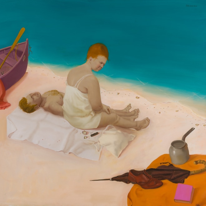  HONORÉ DESMOND SHARRER (1920–2009), "Afternoon at the Beach," 1990. Oil on canvas, 30 x 32 in. (detail).