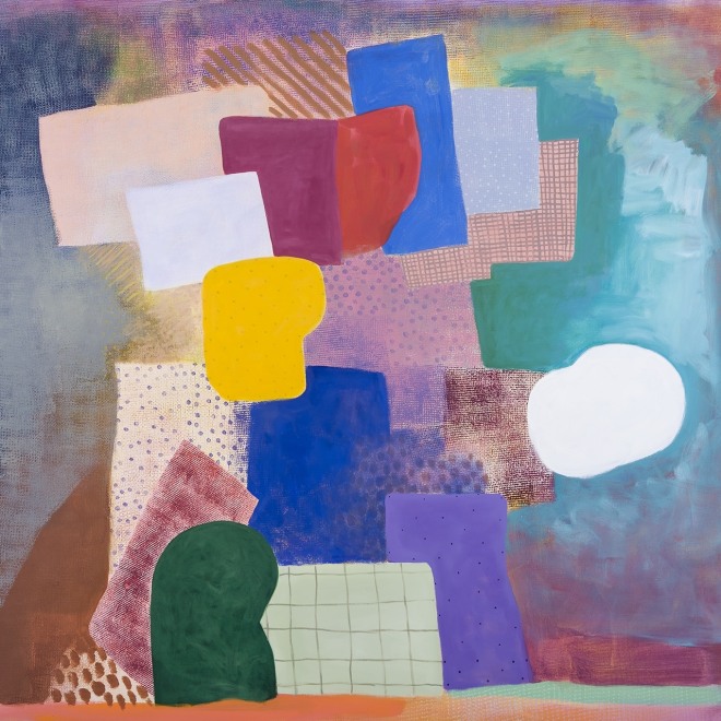 a colorful abstract painting by Robert Natkin of different shapes and patterns arranged together like a still life