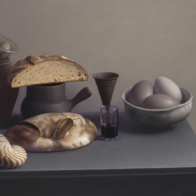 A still-life painting by Amy Weiskopf of loaves of bread, glass of red wine, and bowl with three eggs.