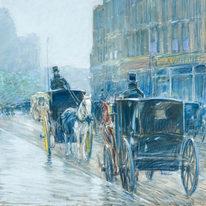 Childe Hassam (1859–1935), "A Wet Day on Broadway," 1891. Pastel on fine-weave canvas, 18 x 21 7/8 in. (detail).