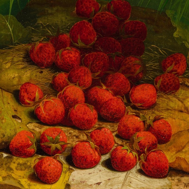 WILLIAM MASON BROWN (1828–1898), "Strawberries Strewn on a Forest Floor," c. 1865–70. Oil on canvas, 12 x 10 in. (detail).