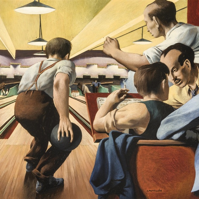 FEDERICO CASTELLÓN (1914–1971), "Bowling Night, c. 1940–42. Oil on board, 19 x 24 in. (detail).