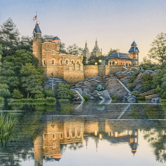 a watercolor painting by Frederick Brosen of Belvedere Castle in Central Park