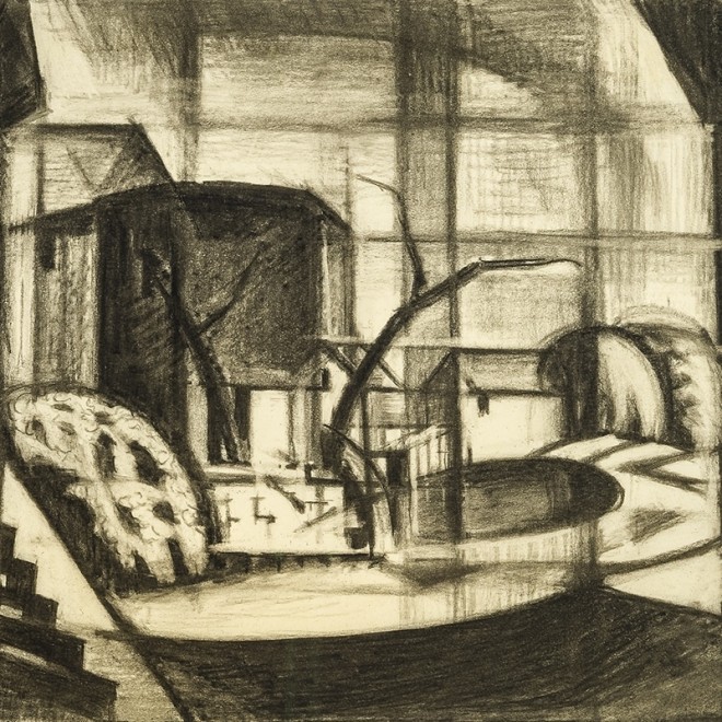 OSCAR FLORIANUS BLUEMNER (1867–1938), "Study for 'Old Canal, Red and Blue (Rockaway, Morris Canal)'," 1916. Charcoal on paper, 14 x 20 in. Detail.