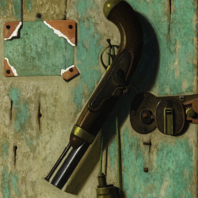 JOHN FREDERICK PETO (1854–1907), "Pistol, Gate Latch and Powder Horn," about 1887. Oil on canvas, 14 1/4 x 10 3/8 in. (detail).