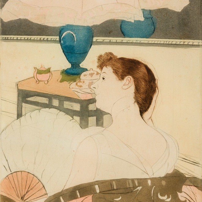 MARY STEVENSON CASSATT (1844–1926), "The Lamp," c. 1890–91. Drypoint, soft-ground etching, and aquatint, printed in colors, on laid paper, 12 3/4 x 9 15/16 in. (detail).