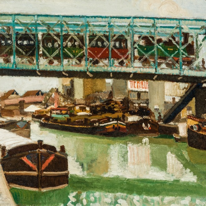 Arthur Filon (French, 1900–1974), "Le Canal Saint-Martin et le petit train," c. 1930s. Oil on canvas, 17 1/2 x 21 in. (detail).