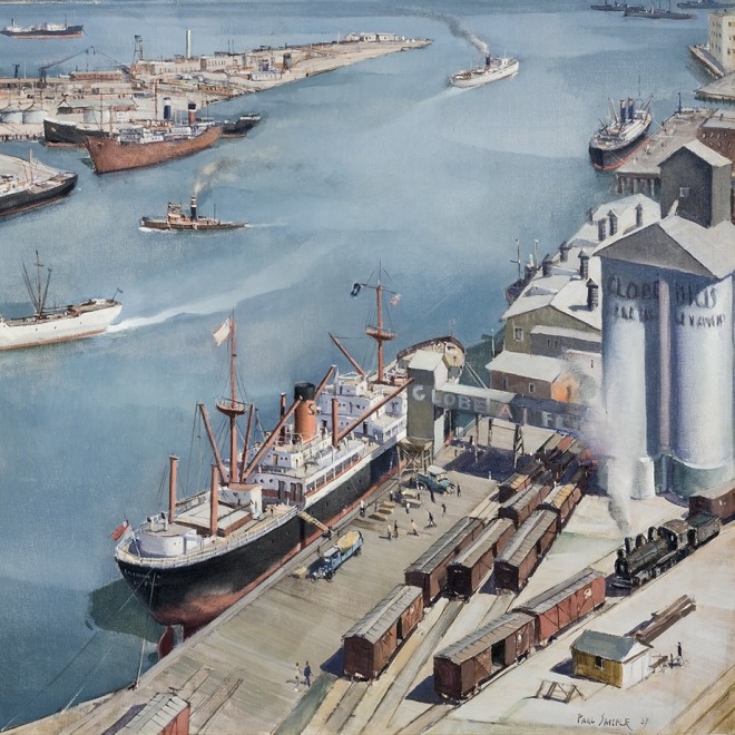 PAUL SAMPLE (1896–1974), "San Pedro Harbor," 1937. Oil on canvas, 30 x 40 in. (detail).