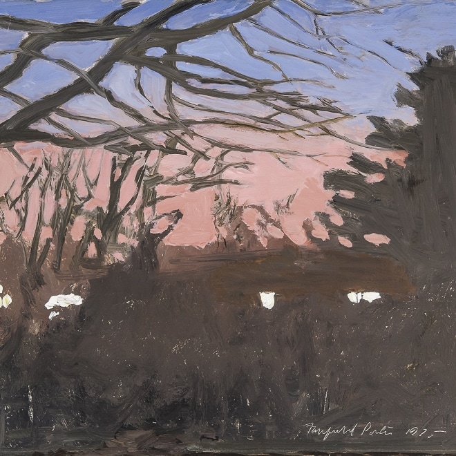 a painting by Fairfield Porter of a wooded landscape at twilight