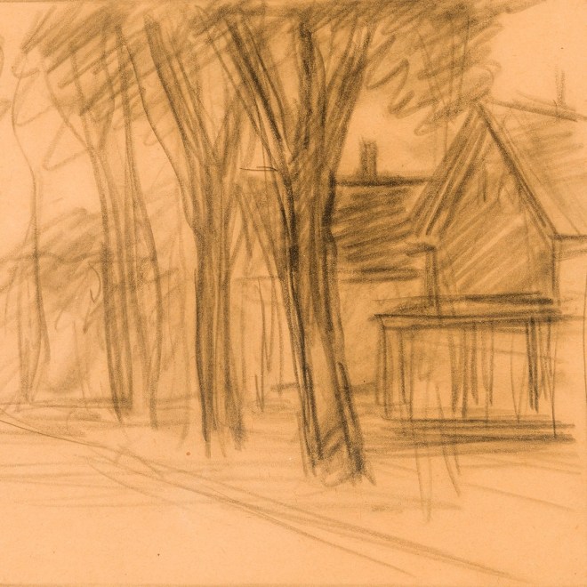 EDWARD HOPPER (1882–1967), "Study for “Two Puritans,” 1945. Charcoal on paper, 8 1/2 x 11 in. (detail).