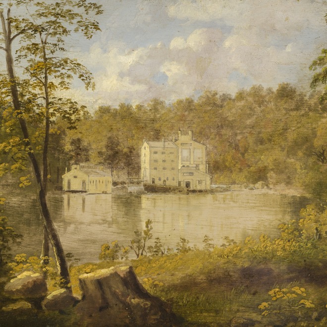 THOMAS DOUGHTY (1791–1856), "Gilpin’s Mill on the Brandywine," about 1830–27. Oil on board, 7 3/4 x 11 3/16 in. (detail).