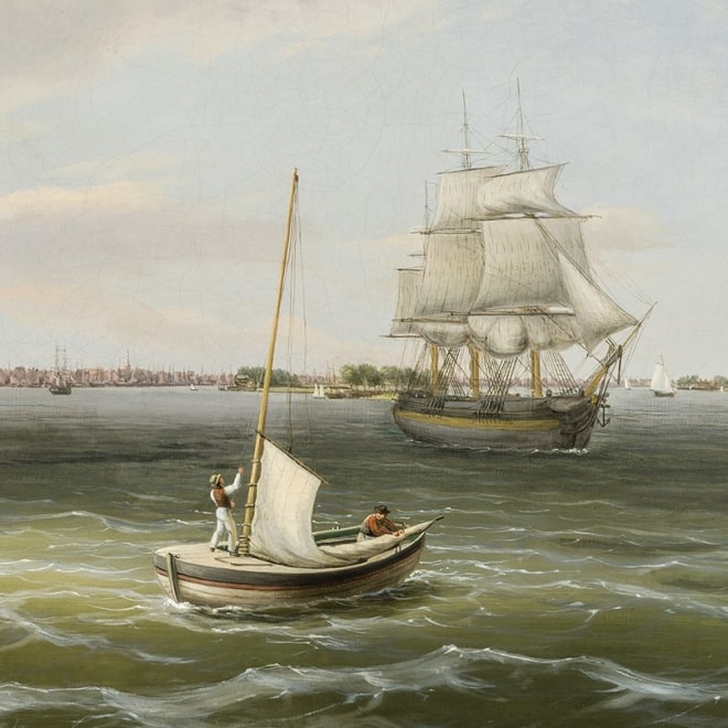 THOMAS BIRCH (1779–1851), "View of Philadelphia Harbor," about 1835–40. Oil on canvas, 20 x 30 1/4 in. (detail).