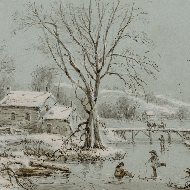 RÉGIS-FRANÇOIS GIGNOUX (1816–1882), "Skating Scene," 1847. Sepia ink drawing heightened with Chinese white on pale green wove paper, with embossed borders, 7 1/16 x 9 7/8 in. (detail).