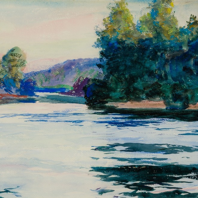 FRANK W. BENSON (1862–1951), "River Landscape," 1924. Watercolor on paper, 14 1/4 x 20 1/2 in. (detail).