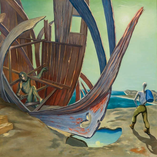 OSVALDO LOUIS GUGLIELMI (1906–1956), "An Odyssey for Moderns," 1942–43. Oil on canvas, 24 x 30 in. (detail).