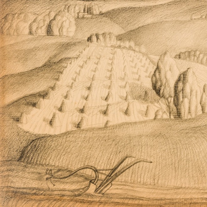 GRANT WOOD (1891–1942), "Study No. 1, Fall Plowing," 1931. Charcoal and pencil on paper, 10 3/4 x 14 in. (detail).