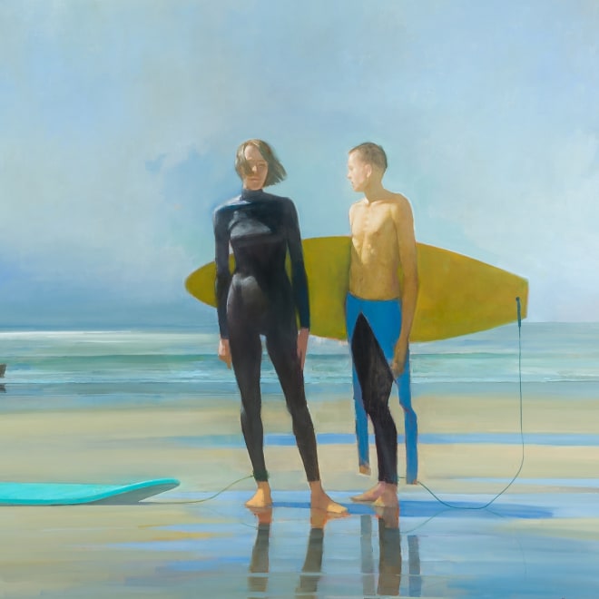 a painting by Randall Exon of two surfers standing on the beach, wearing wetsuits