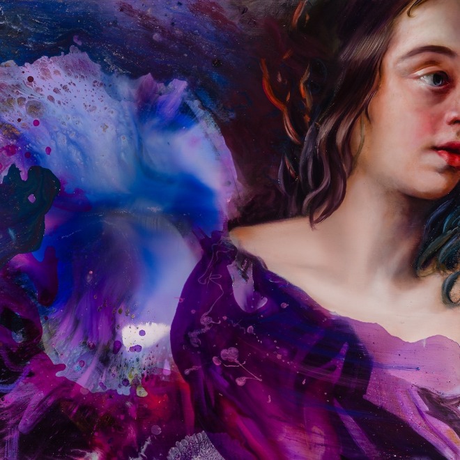 a painting by Angela Fraleigh called Stars Splinter, Pointed and Wild from 2022. It is 40 x 30 in.