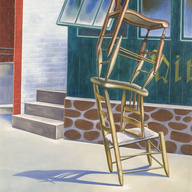 O. LOUIS GUGLIELMI (1906–1956), "Tumblers," 1942. Oil on composition board, 10 x 8 in. (detail).