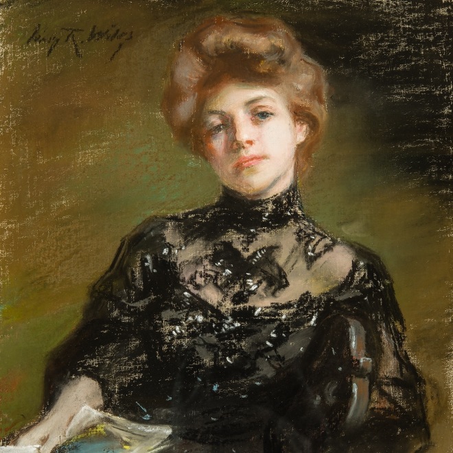 IRVING RAMSEY WILES (1861–1948), "A Woman Seated." Pastel on primed canvas, 15 x 11 3/4 in. (detail).
