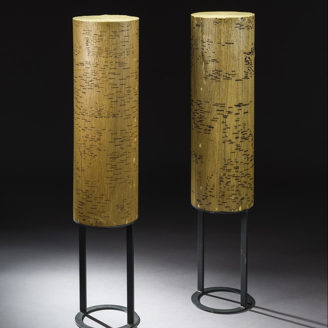 a sculpture by Maria Elena Gonzalez of two conga drums which also resemble the trunks of Birch trees
