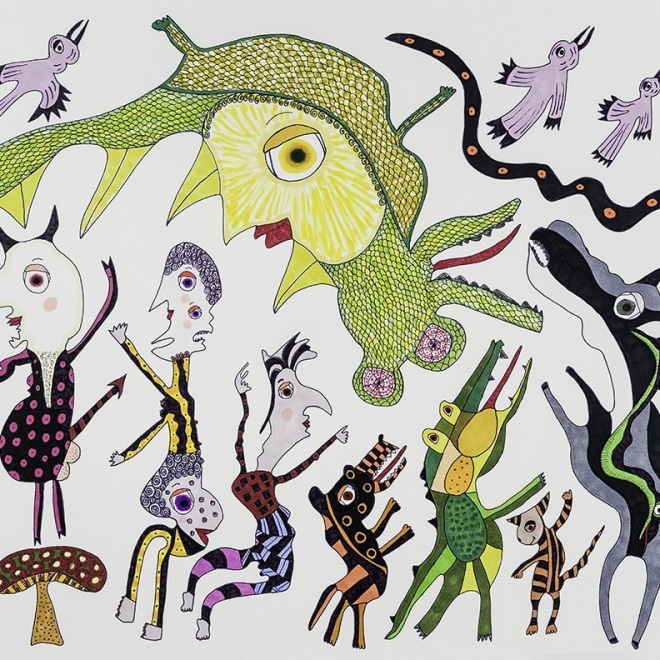 a drawing by self-taught artist Jeanne Brousseau of a people and animals holding pointing and looking to the sky