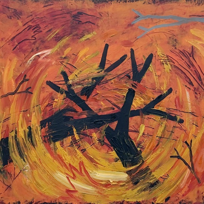 a painting by Louisa Chase of tangled black branches in a swirl of fiery color, with outstretched hands hiding in the background
